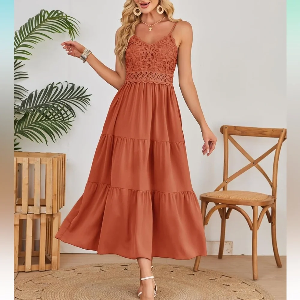 Dokuritu Women's Crochet Lace Maxi Summer Vacation Spaghetti Strap Long Dress - Picture 2 of 13